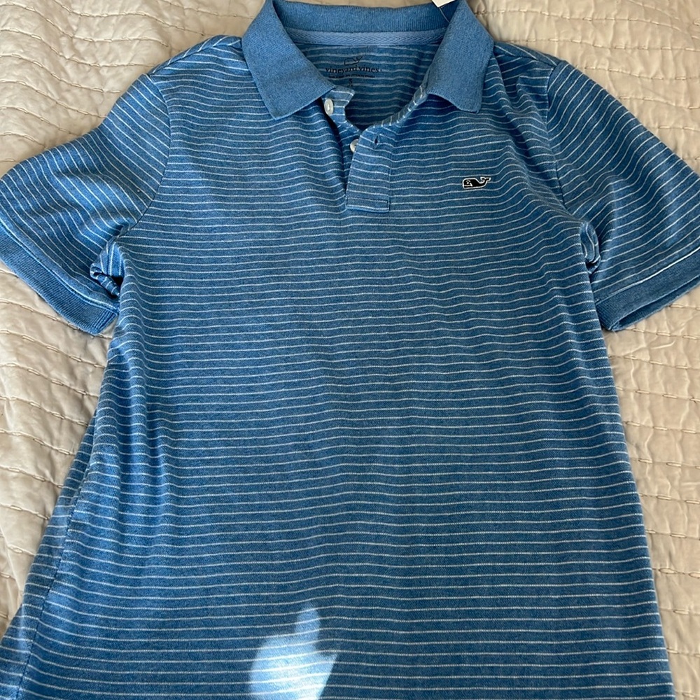 boys knit polo blue and white stripe from vineyard vines  size small 7-8